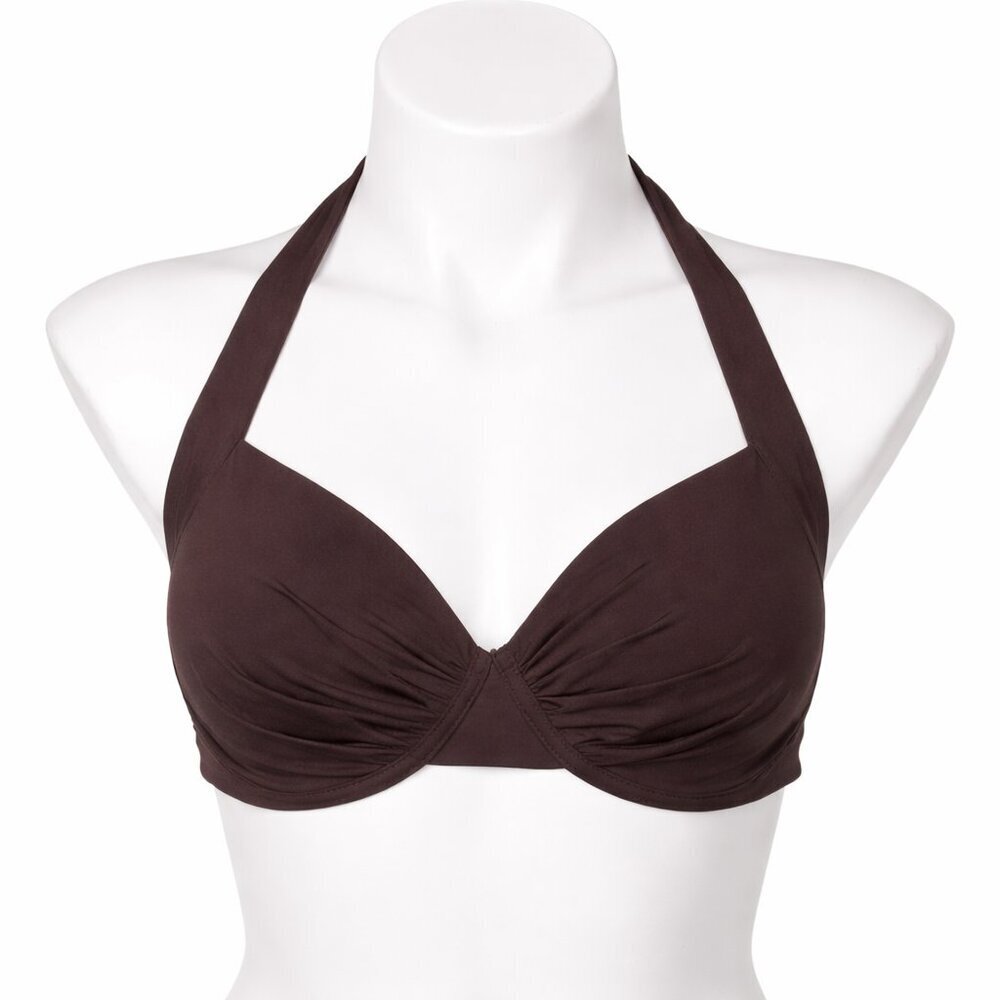 TOMMY BAHAMA Halter Bikini Swim Top 34DD Brown Ruched Front Minimalist